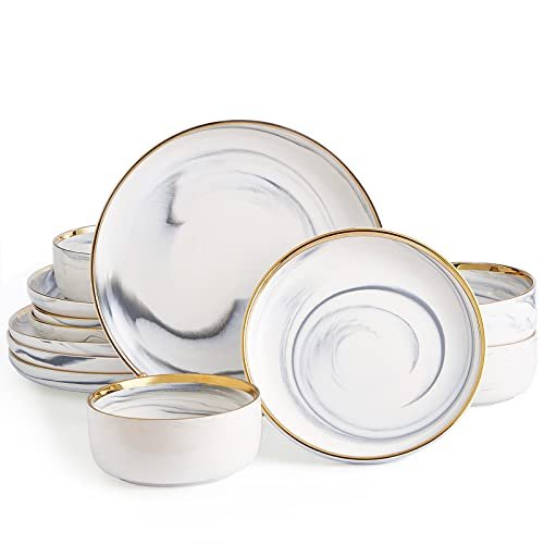 Pokini Marble Gold Rim Dinnerware Sets, Porcelain Plates and Bowls Sets, Modern Luxury Dish Set for 4, White Grey China Dinner Set for Special Occasions, Hand Wash Quickly
