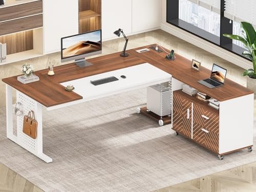 SEDETA 71" Executive Desk with Rolling File Cabinet, Large Office Desk with Drawers, L Shaped Computer Desk with Power Outlets, CPU Stand, Pegboard and Storage Shelves, White