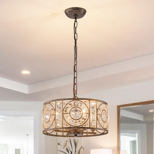 Zicbol Bronze Vintage Crystal Chandeliers for Dining Room 14.17" Drum Pendant Lights, Dining Room Light Fixtures Over Table, Hanging Chandelier for High Ceiling Kitchen Island Living Room Foyer