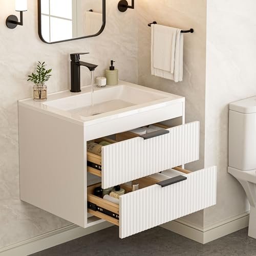 24 Inches Modern MDF Bathroom Vanity with Sink, Wall Mounted Floating Cabinets w/Double Drawers, Black Handles, White Resin Sink Combo Set (White, 24")