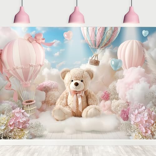 Riyidecor Bear Baby Shower Backdrop Cute Pink White Floral Bow Hot Air Balloon Cloud 7Wx5H Feet Polyester Fabric for Kids Girls Photography Background Flower Table Decor Banner Studio Photo Shoot