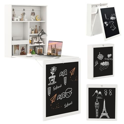 Tangkula Foldable Wall-Mounted Desk, Floating Desk with Chalkboard, Storage Shelves & Hooks, Space-Saving Murphy Table for Home Office, Bedroom, Dorm Room, Small Spaces