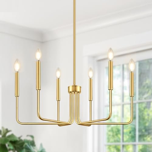 Brass Gold Chandelier, 6-Light Chandelier Light Fixture Farmhouse Chandeliers for Dining Room, Vintage Candle Pendant Light Fixtures Chandelier for Bedroom, Kitchen, Foyer, Entryway and Living Room