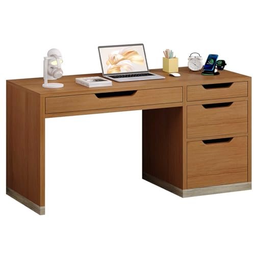 MaverickFurni 52 Inch Desk with 4 Drawers, Small Computer Desk for Small Space, Home Office Desk with Storage File Drawer for Bedroom, Brown