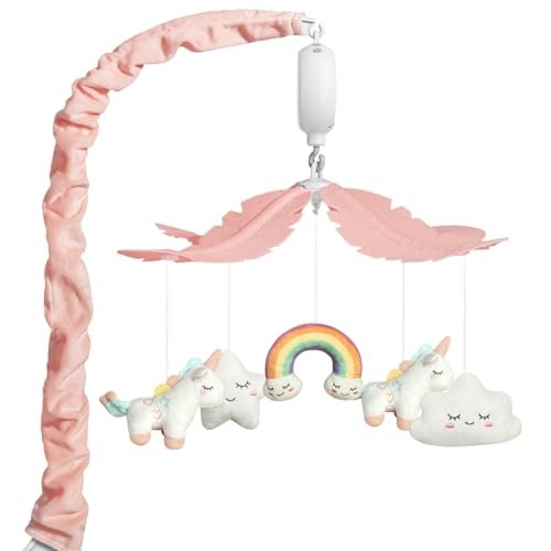 Mkcxcol Crib Mobile for Girls - Pink and White Unicorn & Weather Theme, Mobile for Crib with 35 Lullabies & 3 Modes Music Box, Nursery Decoration for Infant Soothing & Sleep