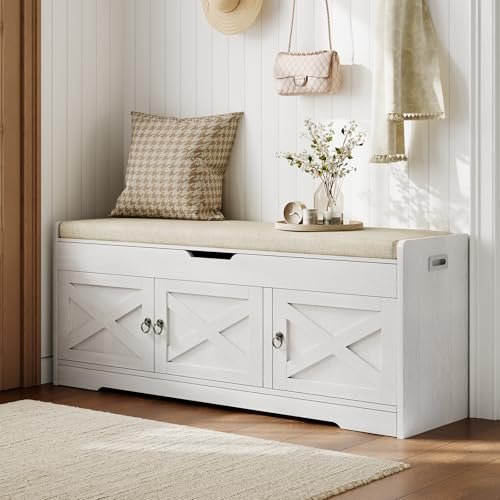 Seetech Farmhouse Shoe Storage Bench with Cushion Seat, 3-Tier Entryway Bench with Lift Top Storage and Adjustable Shelf, Bench for Hallway, Bedroom, White