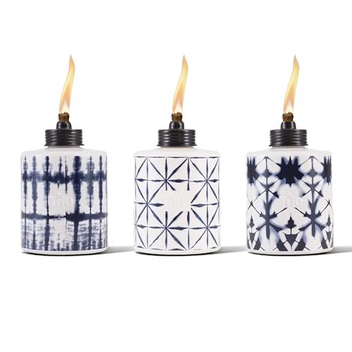 TIKI Glass Tie-Dye Tabletop Torches, 3-Pack – Decorative Outdoor TIKI Torches for Patio, Backyard & Garden – Portable Tabletop Citronella Torches for Outdoor Lighting – Blue, 5.75-Inch