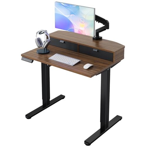HUANUO 32 x 21 inch Small Electric Standing Desk with 2 Drawers, C-Clamp Mount Compatible, Height Adjustable Sit Stand Desk, Home Office Stand Up Desk with 4 Memory Height Settings, Walnut