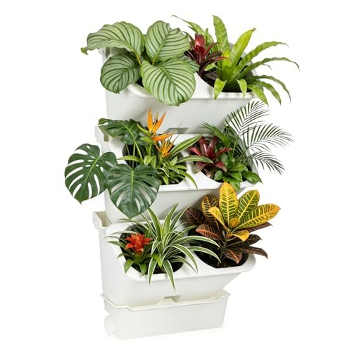 3-Tiers Vertical Wall-Mounted Planter with 6 Pots Vertical Garden Living Wall Planter Indoor Self-Watering Soil-Water Separation Stackable Plastic Planter for Herb Vegetable Flower Succulent (White)
