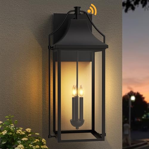 Lawyettle 25-INCH Dusk to Dawn Outdoor Wall Light, Large Size Waterproof Patio Lanterns, 3-Light Exterior Wall Mount Lantern Sconce with Glass, Black Wall Sconces for House Garage Front Door