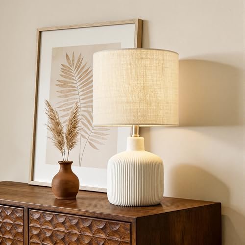 KAWOTI Ceramic Table Lamp, 17.75" Rustic Farmhouse Bedside Lamp with Beige Linen Shade, Warm Ambient Nightstand Lighting for Bedroom or Living Room, Off-White