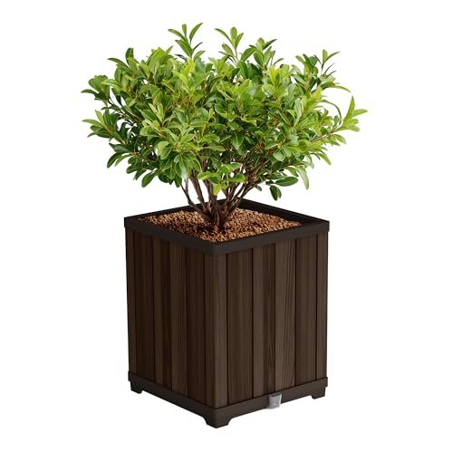 Keter Signature 21.6 Inch Tall Square Large Wood Look Planter for Indoor or Outdoor Flower Pot Ideal for Patio Deck and Front Porch Decor, Rosewood
