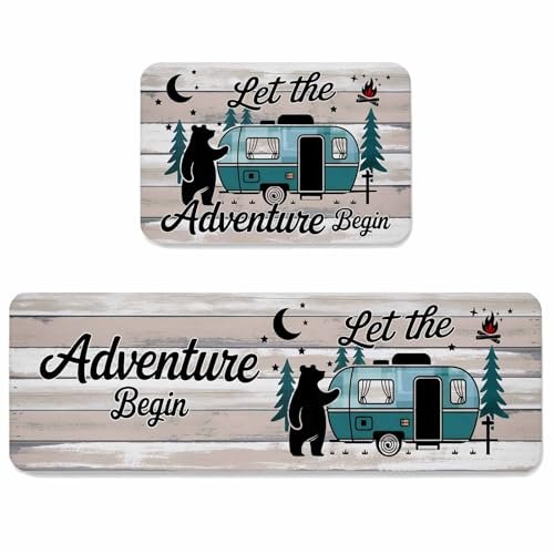Prime Leader Camper Van Bear Kitchen Mat Set 2 Pieces Let The Adventur Vintage Wood Grain Non Slip Kitchen Rugs Washable Runner Rug Mats for Kitchen Sink Laundry Office (19.7" x 31.5"+19.7" x 47.2")
