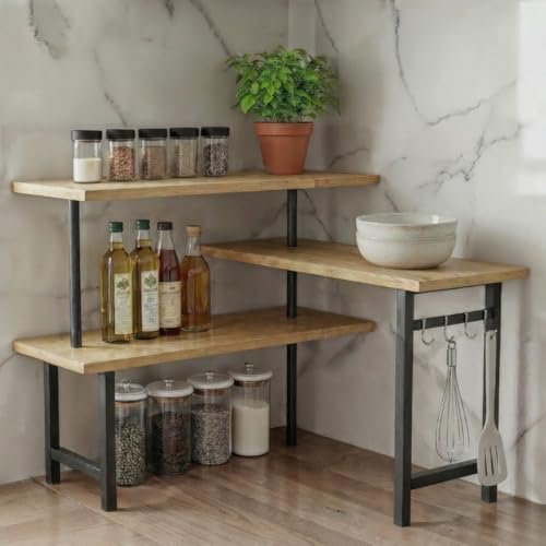 Tenovu Supply 3-Tier Bamboo Corner Countertop Organizer with Extended Top Tier, Corner Shelf for Kitchen Counter, Coffee Bar Organizer, Bathroom Counter Organizer, Kitchen Corner Shelf, Space Saver