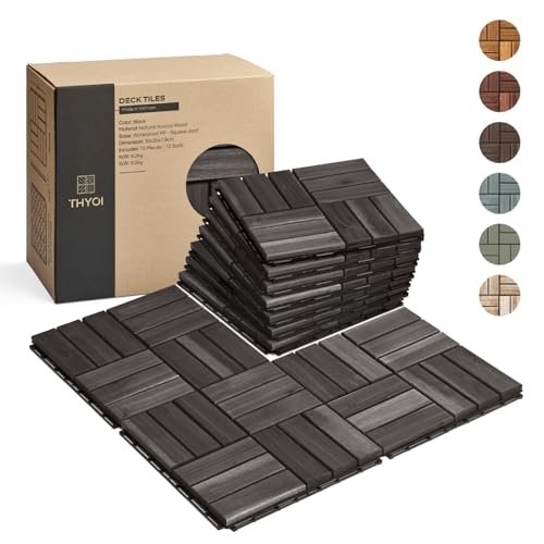THYOI Premium Deck Tiles, Patio Flooring - Outdoor Waterproof Acacia Wood Tiles for All Weather Use - Balcony, Backyard, Indoor & Outdoor (Square Ft) (10, Black, 12S)