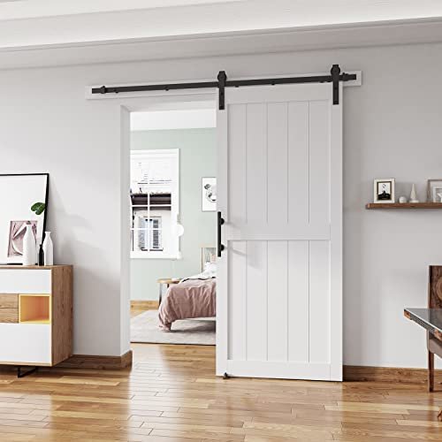 ALAMEDADT 36''x84'' Sliding Barn Door with 6.6 Ft Barn Door Hardware Kit, Fits 32-34''W Openings, Pre-Drilled Holes Easy Assembly-Waterproof PVC Surface, H-Frame, White