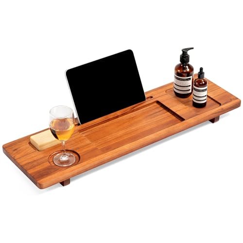 Premium Teak Bathtub Tray for Freestanding Baths - 29" Adjustable Spa Caddy | Compact, Thick & Stable Design | Anti-Tip with Accessories Holder | Natural Water-Resistant Finish