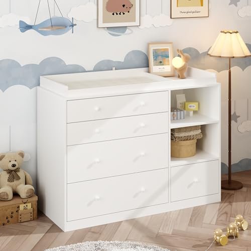 ROMSHINE Nursery Dresser with Baby Changing Table, Diaper Changing Tables for Nursery with 5 Drawers & Shelves, Changing Station Nursery Organizer for Bedroom, White (47.6" W x 19.7" D x 36.1" H)