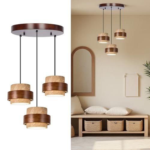 Wabi Sabi Pendant Light - Japandi Nordic Fixture Lamp, Natural Wood & Stone Concrete Chandelier for Japanese Bedroom, Kitchen Island & Dining Room (Yellow Travertine Rotund 3-Head)