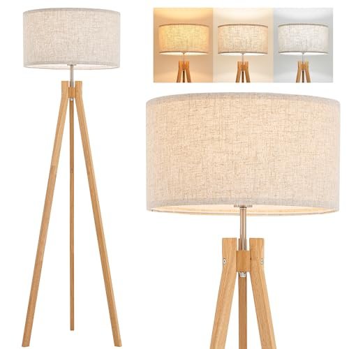 ELYONA Nordic Wood Tripod Floor Lamp, Modern Reading Standing Lamp for Living Room 3 Color Temperatures LED Bulb Included Flaxen Lamp Shade, Boho Natural Wooden floor lamp for Bedroom Office Kids Room