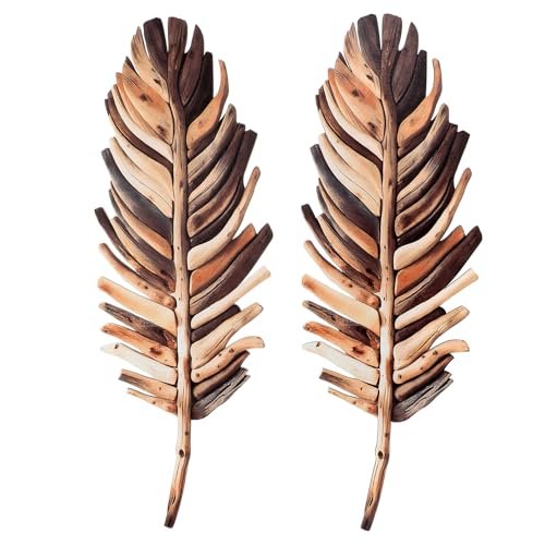 Yerliker 2 Pcs Wooden Driftwood Leaf Wall Art Decor Hanging Sculpture Farmhouse Botanical Hanging Living Room Bedroom Bathroom Kitchen Office Boho Home Decorations 16-5.5''(Vintage Brown)