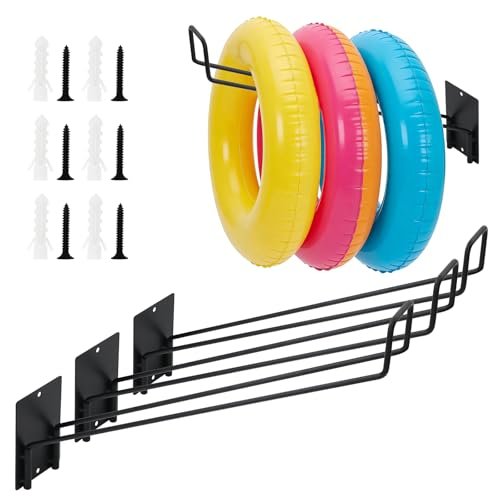 3 Pcs Pool Float Storage Holder, 16.5 Inch Wall Mount Pool Float Organizer Storage Rack with Hangers for Swimming Ring, Towel, Tools & More Storage Indoor Outdoor Space-Saving (Oblique angle)