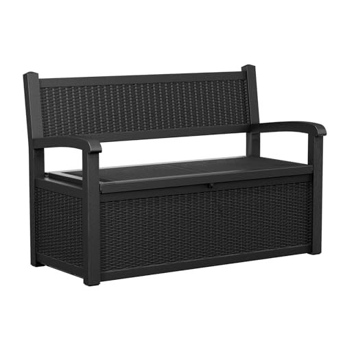 PatioZen 80 Gallon Outdoor Storage Bench Deck Box Waterproof Lockable,Outdoor Storage Furniture for Patio,Garden and Porch,Tools and Cushions（Black）