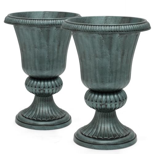 Magshion 20" Urn Planters for Outdoor Plants, Large Decorative Front Porch Planters Set of 2, Weatherproof Tall Plastic Flower Pots for Garden, Patio & Entryway Décor, Antique Green
