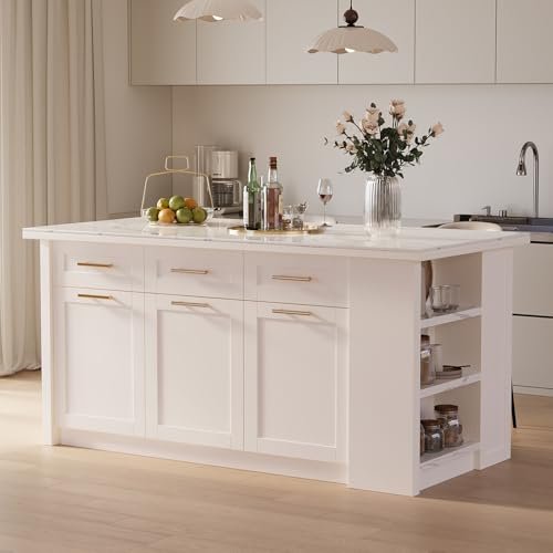 homary 72" Modern Kitchen Island with Storage, White Marble-Effect Engineered Wood Top, Modern Kitchen Table for Dining Room