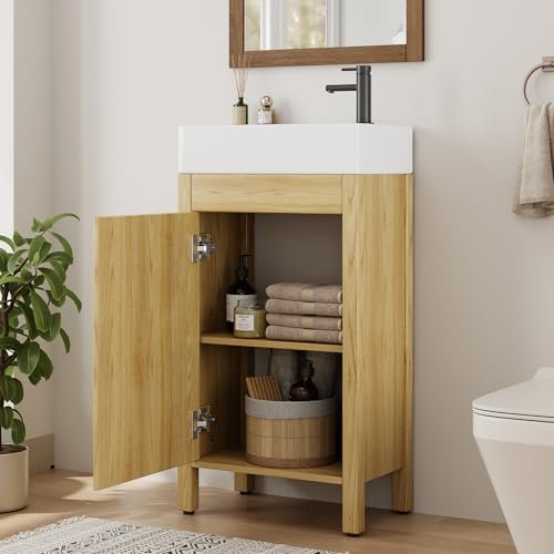 IDEALHOUSE 16" Bathroom Vanity with Sink, Freestanding Wooden Bathroom Vanity Cabinet with Soft-Closing Door and Metal Handle, Modern Floor Standing Storage for Small Spaces,Natural Wood