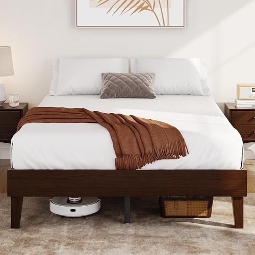 Yaheetech Full Bed Frame Natural Solid Wood Platform Bed with Wooden Slats Support, 12-inch Underbed Space for Storage, Noise-Free Design, Easy Assembly, Dark Walnut Finish