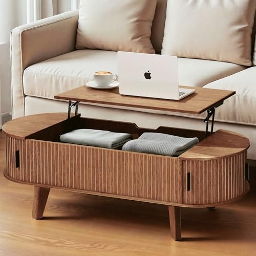 Pruchant Oval Lift Top Coffee Table with Storage, 47.2" Mid Century Modern Living Room Center Table with 180° Sliding Tambour Door, Wood Fluted Coffee Table for Home Office, Walnut