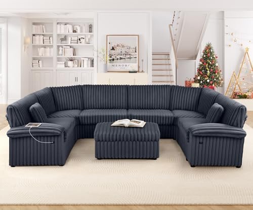 HIFIT Modular Sectional Sofa Couches for Living Room, Convertible U Shaped Cloud Sectional Couch w/Storage Ottoman&USB Port, Deep Seat Corduroy Modern Home Sofa Set for Office, Grey (6 Seat+1 Ottoman)