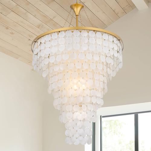 Wellmet Coastal Capiz Shell Chandelier, 9 Lights Beach Light Fixture, Sea Shell Pendant Lighting for Dining Room, Modern Gold Ceiling Light for Kitchen Island, 30" Dia