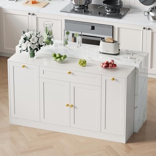 ONBRILL 63" Kitchen Island with Storage, Island Table with Power Outlet & Trash Cabinet, Kitchen Island with Marble Countertop for Kitchen, Dining Room, Living Room, White