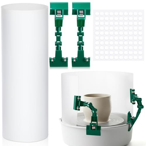 Weysat Clay Screen for Pottery Tool 34x9 Inch Ceramic Splash Protection Shield with Mechanical Clamp Self Adhesive Dots Plastic Board Anti-Splash Embryos Shield for Pottery Wheel Forming Machine