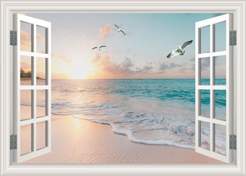 Fake Window Wall Decal Summer Beach Seascape Faux Window Sticker Office Poster Picture Art Decor，Stick and Peel Natural Scenery Landscape Coastal Ocean Scene Mural 48"x32"Set of 2 Sheets