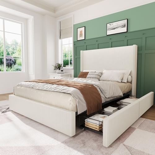 TrailBlaze Modern Boho Upholstered Platform Bed with 4 Storage Drawers – Corduroy Wingback, Vertical Channel Tufted Headboard & Footboard, Sturdy Wood Slats, Easy Assembly – Queen Size, Light Beige