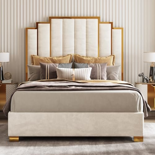 AMERLIFE Queen Size Upholstered Bed, Modern Velvet Bed Frame with 61.4” Tall Gold Trim Headboard, No Box Spring Needed, Cream