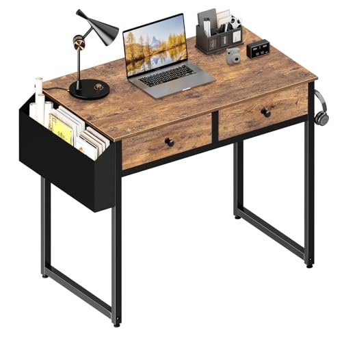 Lufeiya Small Computer Desk with 2 Drawers for Bedroom, 31 Inch Home Office Desk with Storage Fabric Drawer and Bag, Study Writing Table for Small Spaces, Rustic Brown