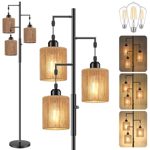 Hotsonic 72" Tall Boho Rattan Style Floor Lamp with Hand-Woven Paper Cord Shade, Dimmable Industrial Tree Standing Lamp for Living Room, Bedroom, Study Room, Office (3 x 800LM Bulbs Included) - Black