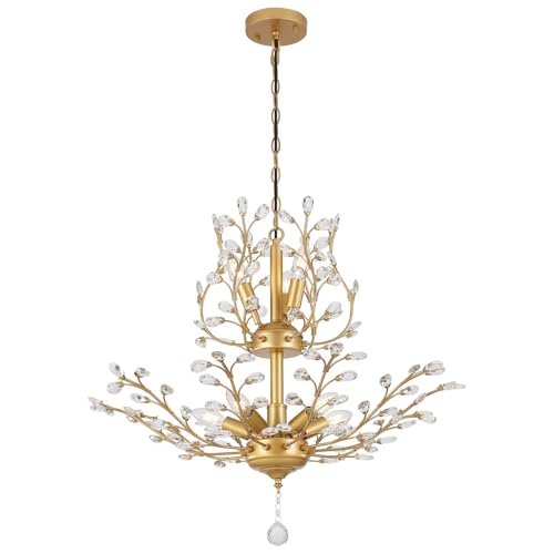 3WWWUEE Gold Crystal Chandelier, Farmhouse 8-Light Large Branch Pendant Light with Adjustable Chain, 2-Tier Vintage Flower Ceiling Hanging Chandelier for Dining Room, Living Room, Kitchen, Hallway