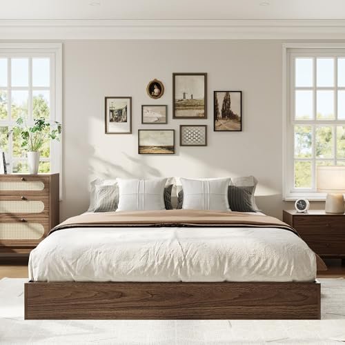 SunnyFurn Wood Platform Bed with Sturdy Wooden Slats, Queen Size Floor-Standing Bed Frame, Modern Minimalist Design Bed Frame, No Box Spring Needed, Easy Assembly
