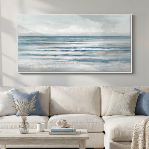 Large Framed Coastal Abstract Landscape Wall Art for Living Room, Horizontal Beach Wave Scenic Canvas Artwork for Walls, Ocean Seascape Picture Print for Dining Room Bedroom Office Wall Decor, 60x30 in