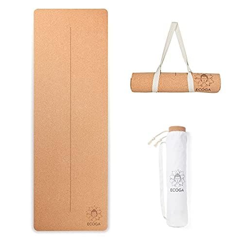 ECOGA Premium Cork Yoga Mat With Alignment Marks - 5mm Thick Non Slip Hot Yoga Mat - Eco-friendly Non Toxic - Includes Strap and Bag