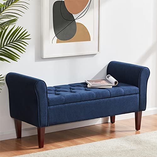 HUIMO 48" Arm Storage Ottoman with 7.5-inch Solid Wood Legs, Storage Bench, Upholstered Window Sitting Bench for Bedroom,End of Bed Bench Indoor, Livingroom, Entryway (Dark Blue)