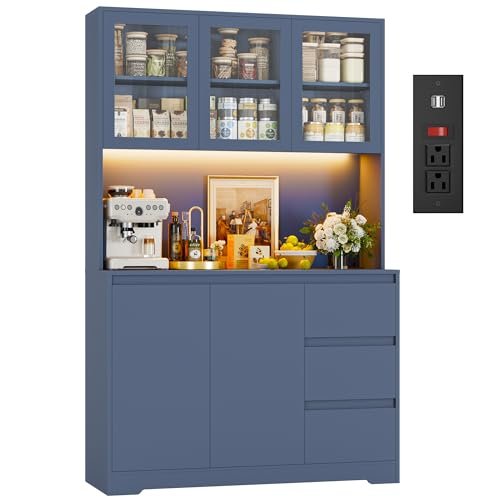 FINETONES 71" Kitchen Pantry Cabinet with LED Lights and Charging Station, Modern Kitchen Hutch Cabinets with Storage and Microwave Stand, Pantry Cabinet Buffet with Countertop, Blue