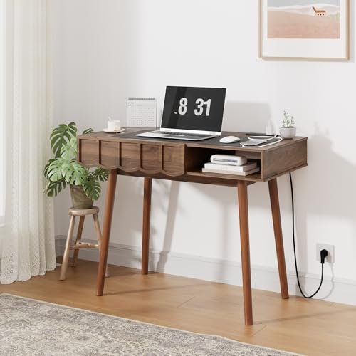 DUDUSHIMAN Mid Century Modern Desk, Executive Home Office Desk w/Drawer & Open Compartment, Vintage Small Computer Writing Desk for Study, Bedroom