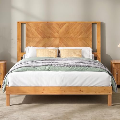 AMERLIFE Solid Wood King Size Bed Frame with Headboard, Mid Century Modern Style Platform Bed with Under-Bed Storage, No Box Spring Needed, Noise Free, Easy Assembly, Light Brown