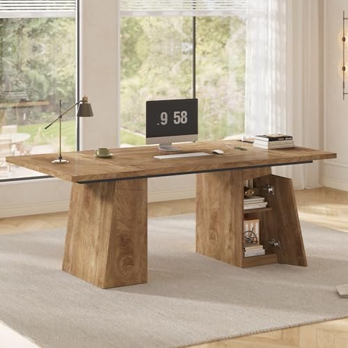 UPOSOJA 63 in Executive Desk with Power Outlets, Modern Home Office Desk with Storage Cabinet, Wood Computer Desk Business Workstation Desk Conference Table (Oak)